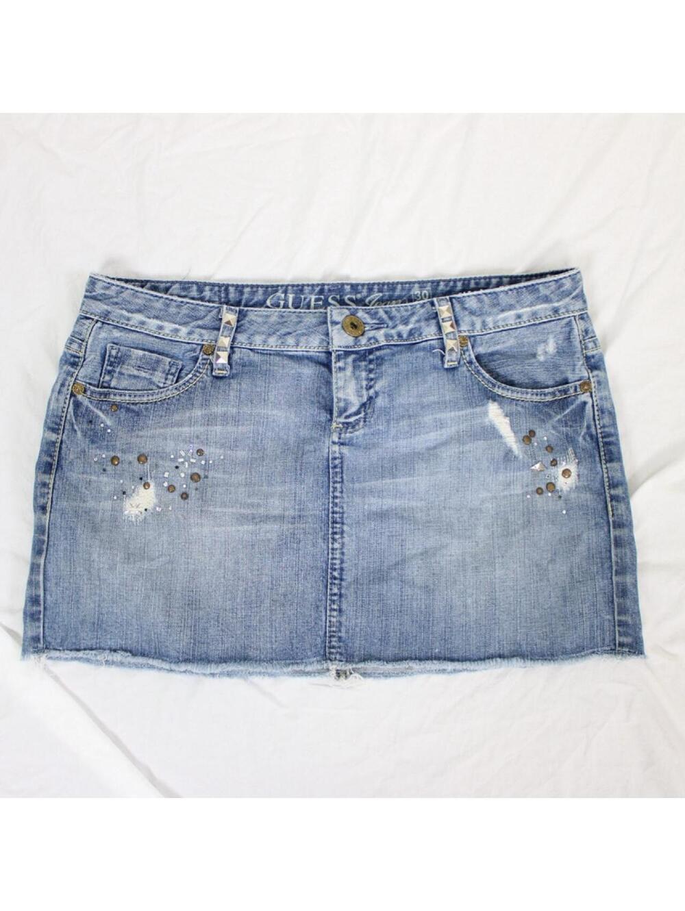 Y2K Guess blue denim mini micro low rise skirt with rhinestone details Size 30